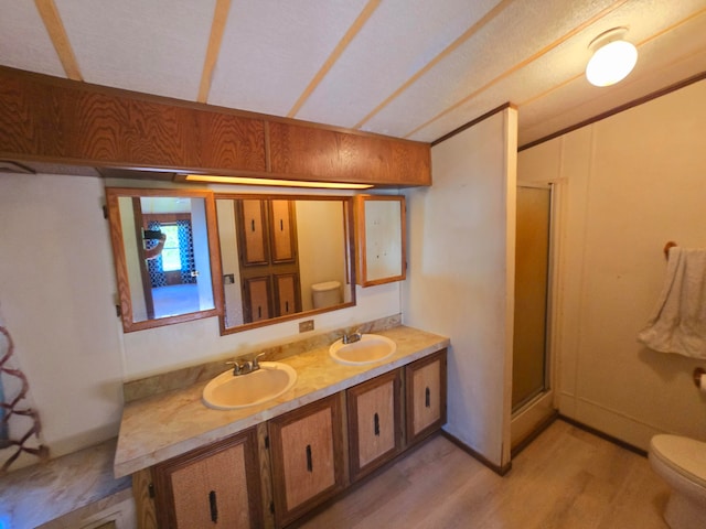 bathroom featuring toilet, vanity, hardwood / wood-style floors, and a shower with shower door