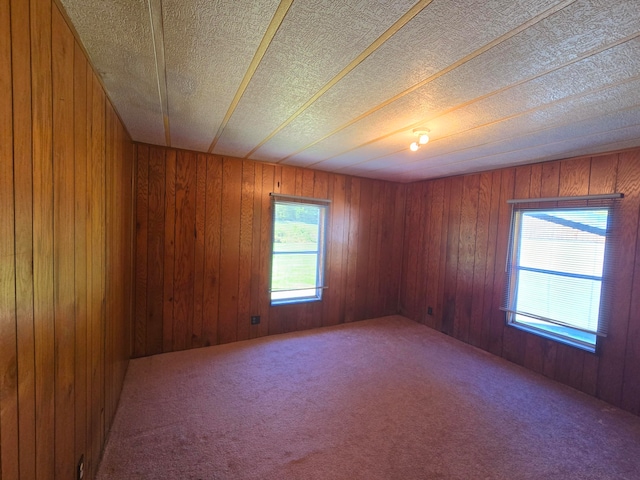 carpeted spare room with a textured ceiling and wood walls