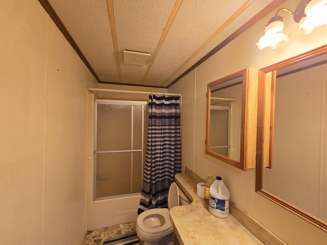163 Eulett Ln, Vanceburg, KY 41179 - bathroom with a textured ceiling, shower / bathtub combination with curtain, vanity, and ornamental molding