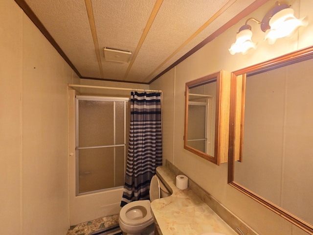 163 Eulett Ln, Vanceburg, KY 41179 - full bathroom featuring a textured ceiling, shower / bath combo, vanity, and ornamental molding