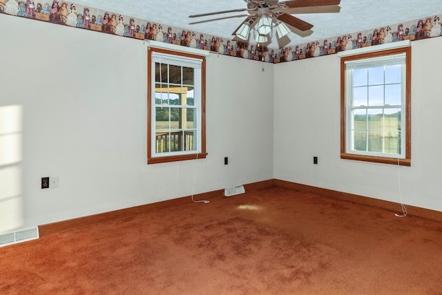 empty room featuring ceiling fan, plenty of natural light, carpet flooring, and a textured ceiling