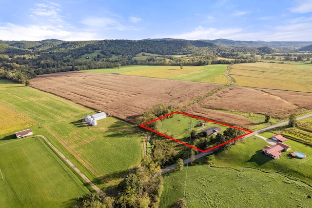 bird's eye view featuring a mountain view and a rural view