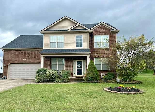 view of front of property with a garage and a front lawn