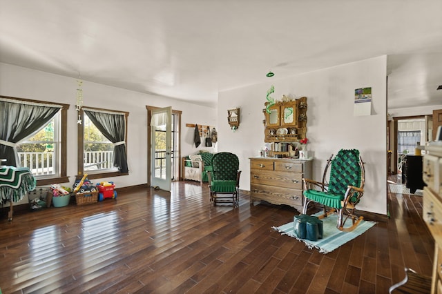 sitting room with dark hardwood / wood-style flooring