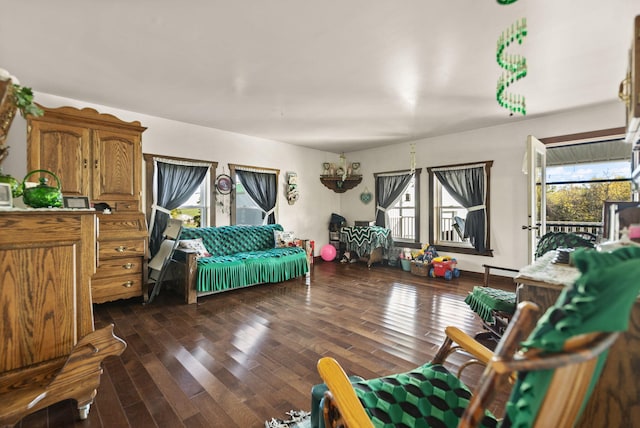 living room featuring dark wood-type flooring