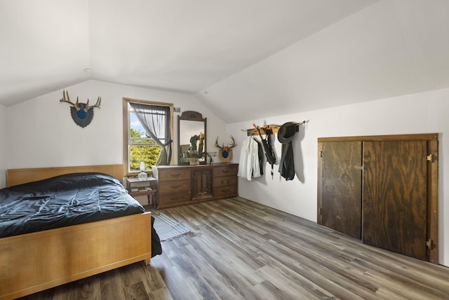 bedroom featuring hardwood / wood-style floors and vaulted ceiling