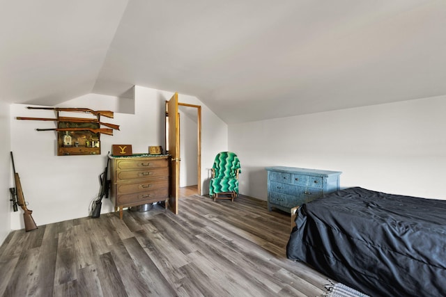 bedroom featuring wood-type flooring and lofted ceiling