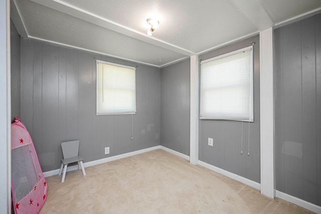 empty room with wood walls and light carpet