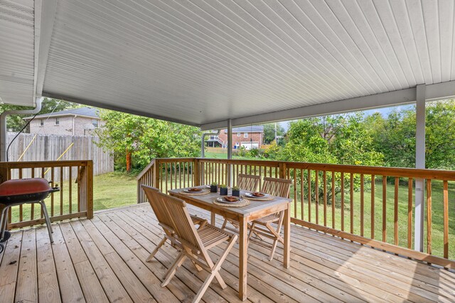 wooden deck featuring a yard