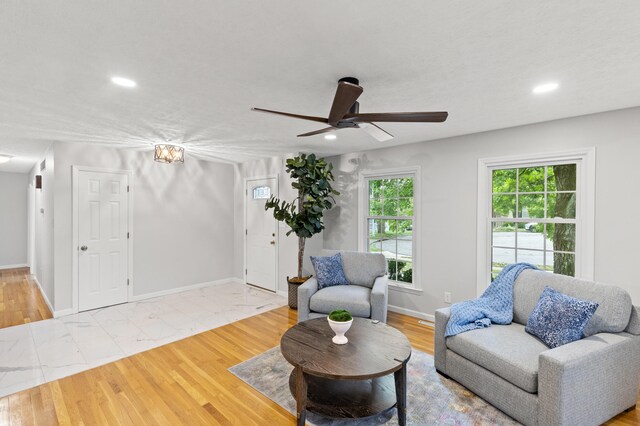 living room featuring ceiling fan and light hardwood / wood-style flooring