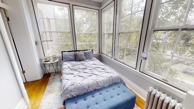 bedroom with wood-type flooring and radiator heating unit