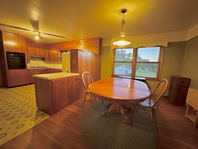 dining area featuring ceiling fan and wood-type flooring