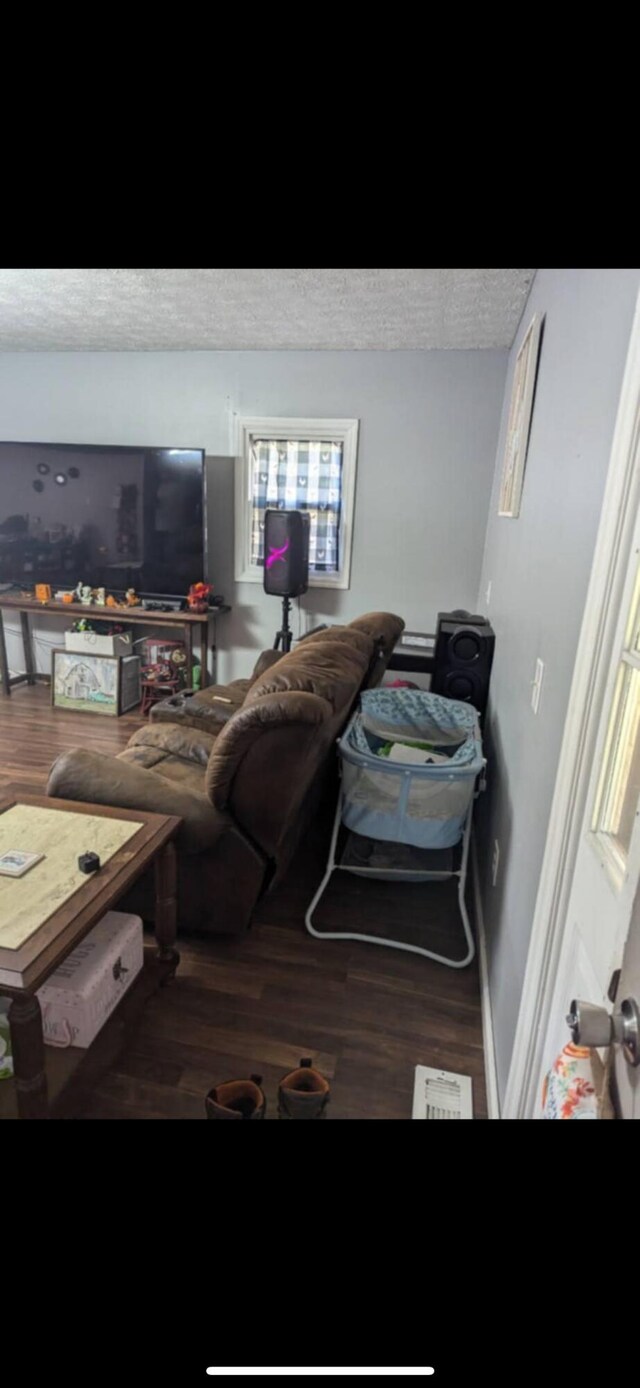 living room with dark wood-type flooring and a textured ceiling