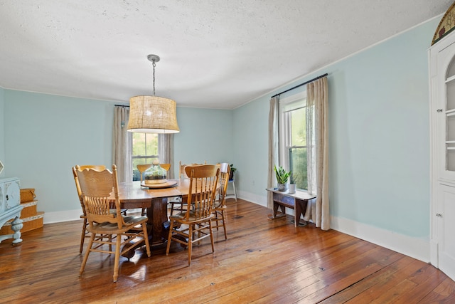 dining space featuring hardwood / wood-style flooring, a textured ceiling, and a wealth of natural light