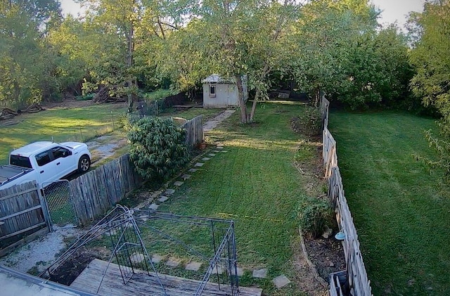 view of yard featuring a storage shed