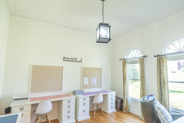 office area with light wood-type flooring and crown molding