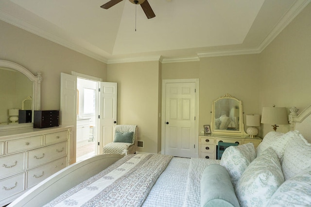 bedroom featuring lofted ceiling, ornamental molding, and ceiling fan