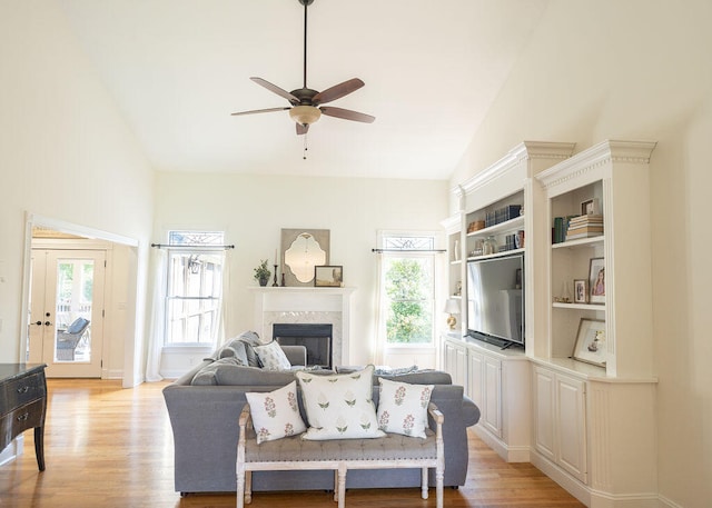 living room with light hardwood / wood-style flooring, lofted ceiling, and a wealth of natural light