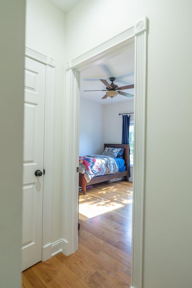 unfurnished bedroom featuring ceiling fan and light hardwood / wood-style flooring