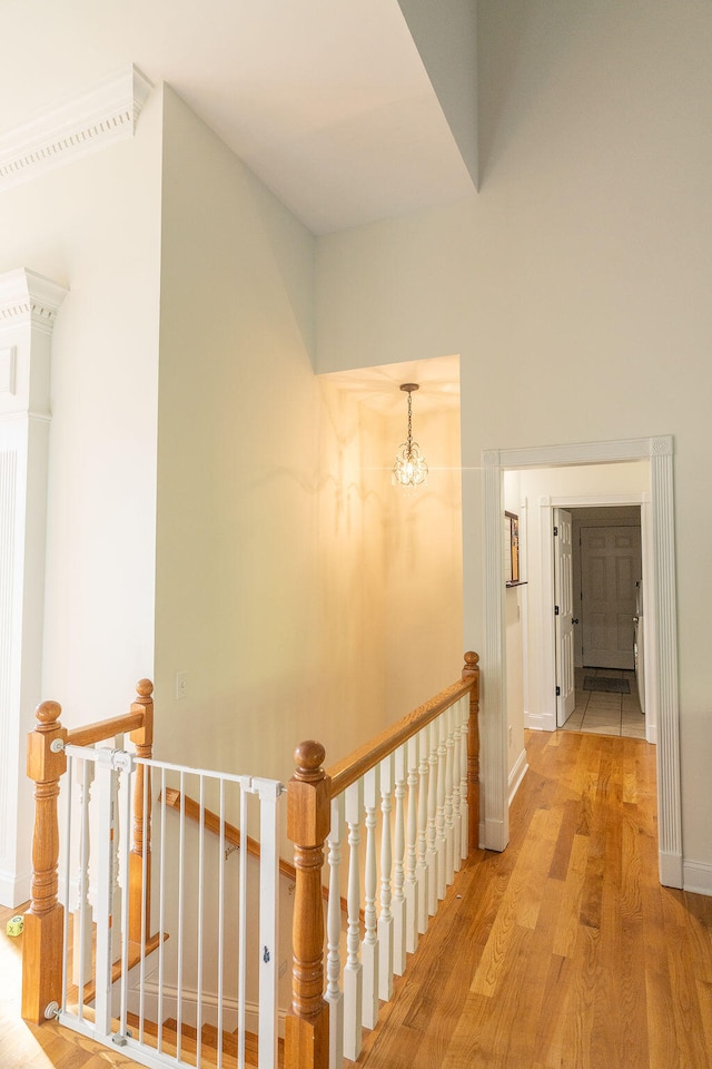 hall with a notable chandelier and light hardwood / wood-style flooring