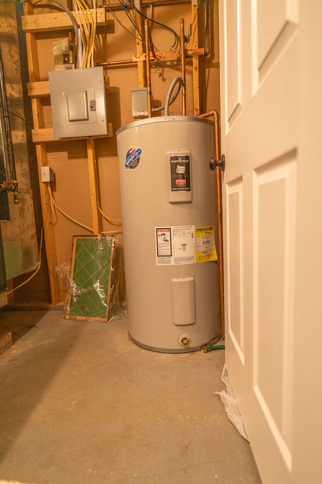 utilities featuring water heater and electric panel