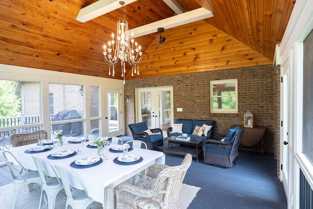 dining room featuring wood ceiling, beamed ceiling, high vaulted ceiling, dark hardwood / wood-style flooring, and brick wall