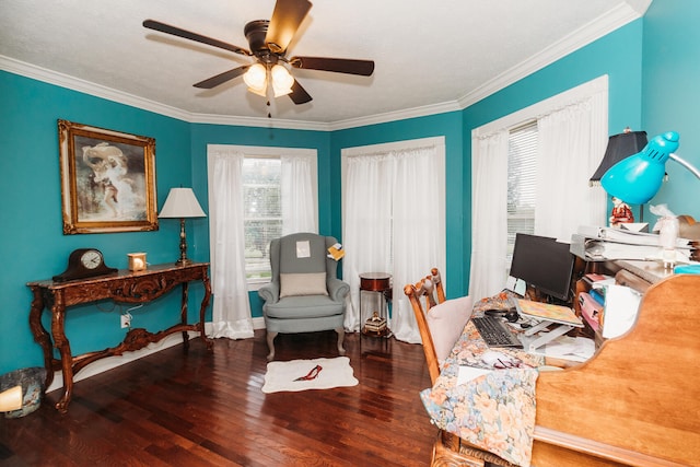 office area featuring wood-type flooring, ornamental molding, and ceiling fan