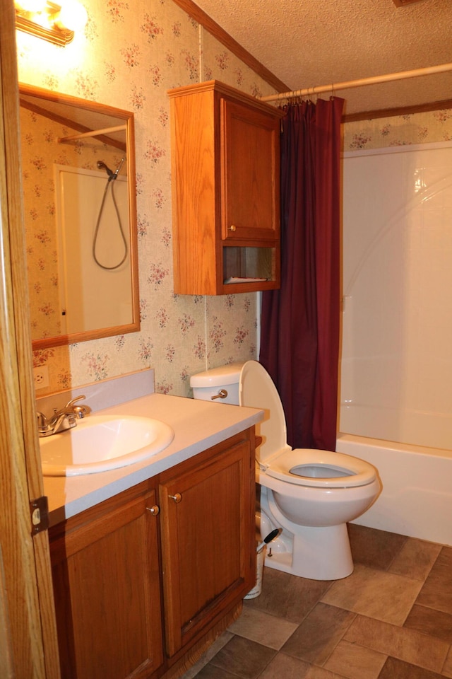 full bathroom featuring vanity, a textured ceiling, shower / bathtub combination with curtain, crown molding, and toilet