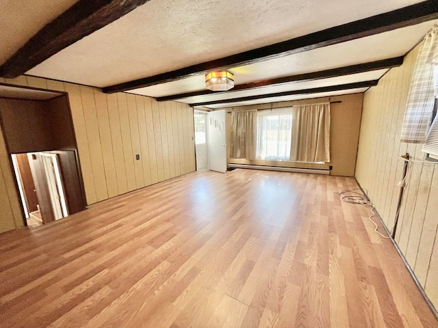 interior space with a baseboard radiator, wood walls, light hardwood / wood-style floors, and beamed ceiling