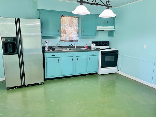 kitchen featuring blue cabinets, hanging light fixtures, stainless steel fridge with ice dispenser, and white range with electric stovetop