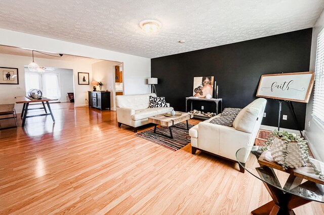 living room with hardwood / wood-style flooring and a textured ceiling