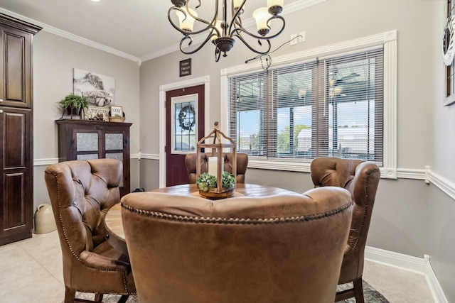 tiled dining space with a notable chandelier and crown molding