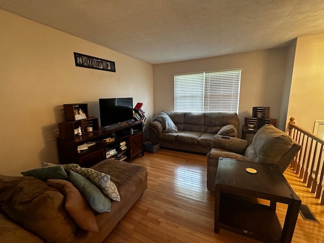 living room featuring a textured ceiling and wood-type flooring