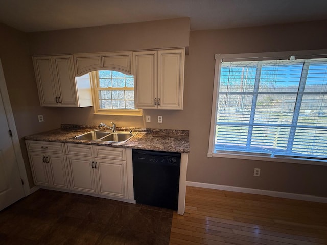 kitchen featuring black dishwasher, dark wood-type flooring, white cabinetry, a sink, and baseboards