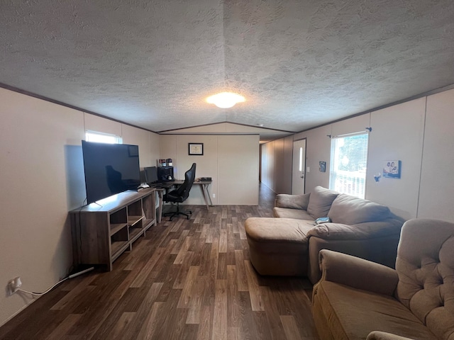 living room with lofted ceiling, a textured ceiling, and dark hardwood / wood-style floors