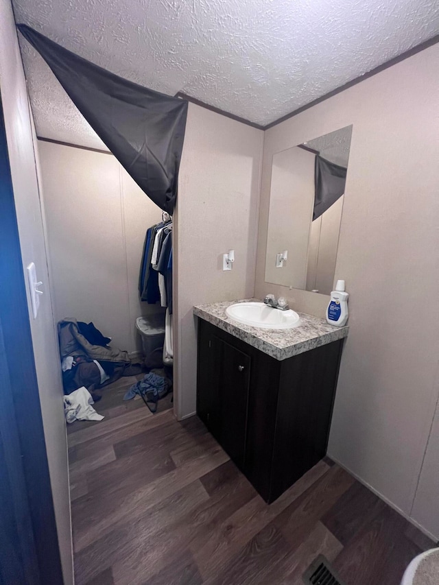 bathroom with vanity, a textured ceiling, and wood-type flooring