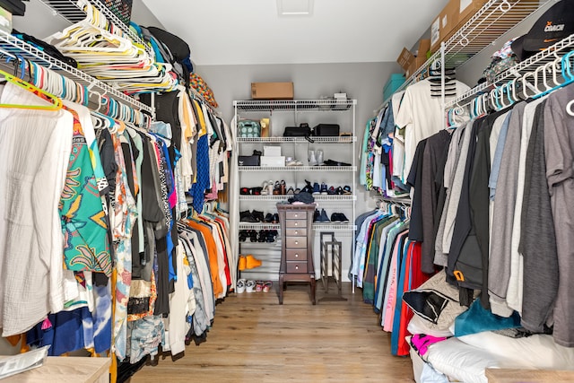 walk in closet with wood finished floors