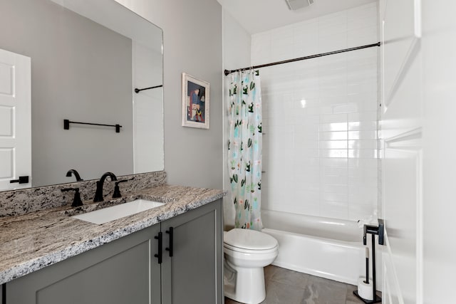 full bath featuring tile patterned flooring, vanity, toilet, and shower / bathtub combination with curtain