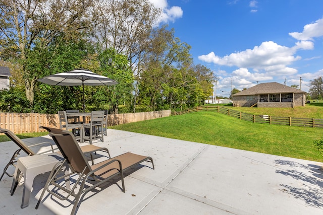 view of patio with a fenced backyard and outdoor dining area