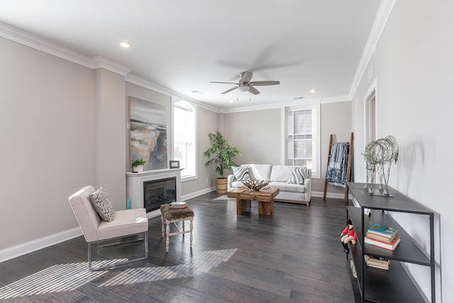 living area featuring dark hardwood / wood-style flooring, ceiling fan, and crown molding