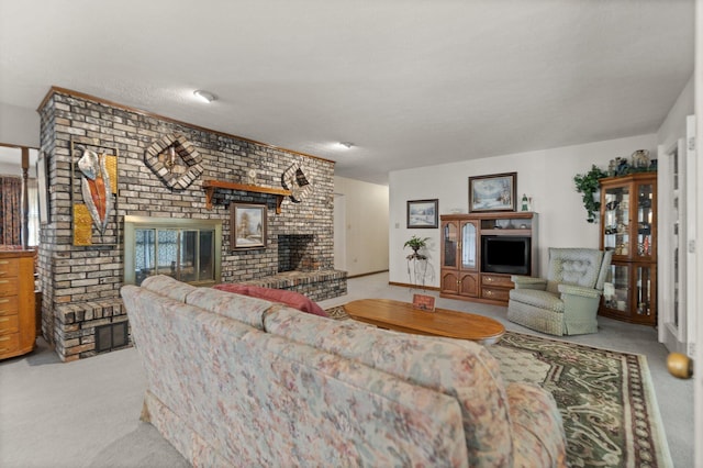 carpeted living room featuring a fireplace