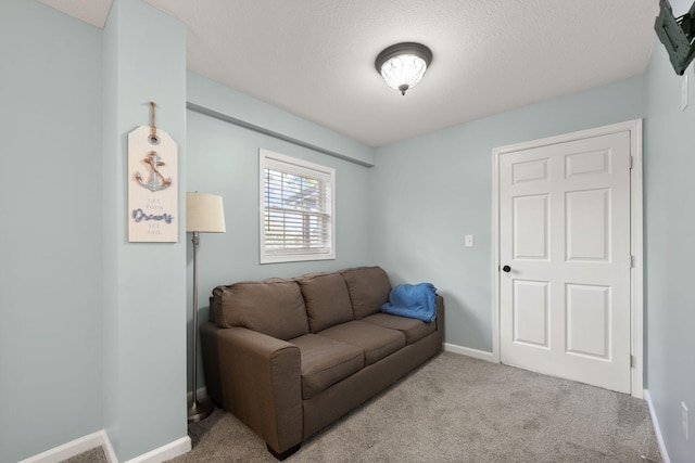 living room featuring light carpet and a textured ceiling