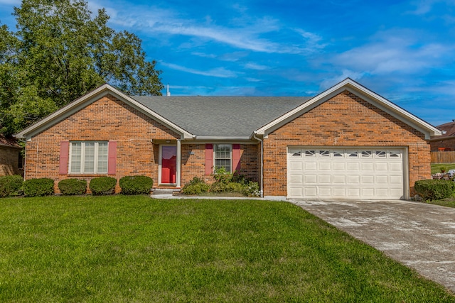 ranch-style house with a front yard and a garage