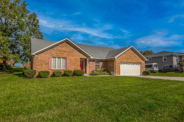 ranch-style home with a front yard and a garage