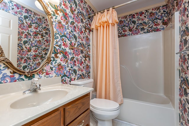 full bathroom with shower / bath combo, tile patterned flooring, vanity, and toilet