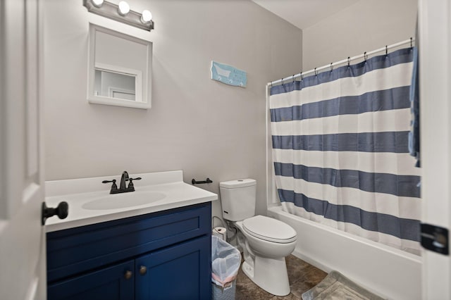 full bathroom with vanity, shower / bath combo, and toilet