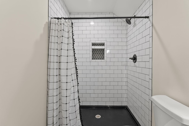 bathroom featuring toilet and a shower with shower curtain