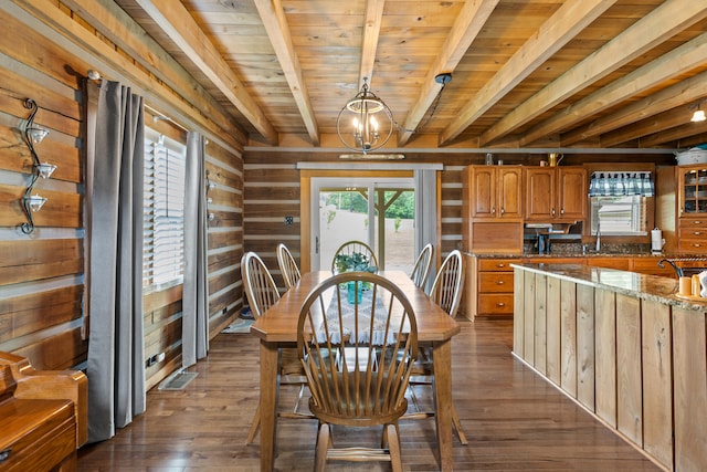 dining area featuring wood ceiling, beamed ceiling, dark hardwood / wood-style floors, a notable chandelier, and wooden walls