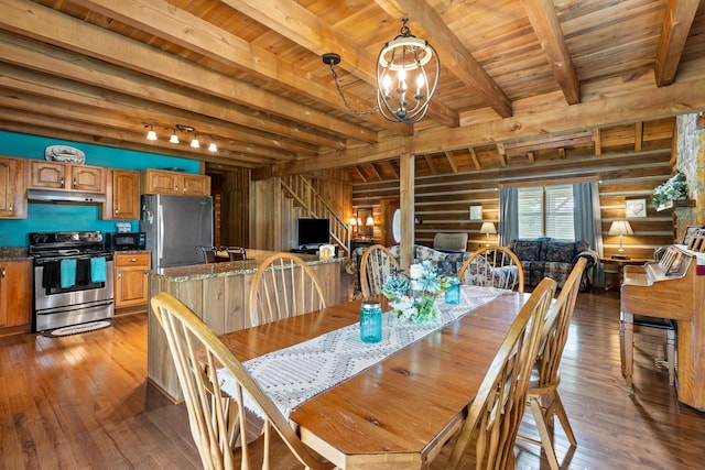 dining area with wood ceiling, beam ceiling, and dark wood-type flooring