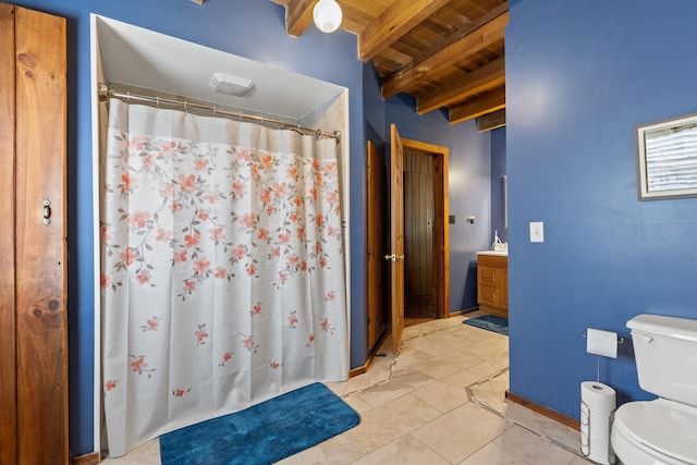 bathroom with a shower with shower curtain, beam ceiling, toilet, and wooden ceiling